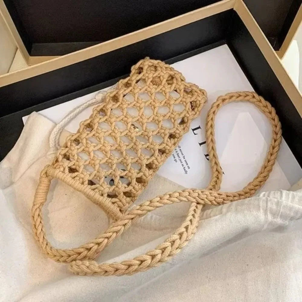 Fashion Portable Crossbody Phone Bag Hollow-out Woven Solid Color Shoulder Bags Crochet Lightweight Phone Purse Gifts