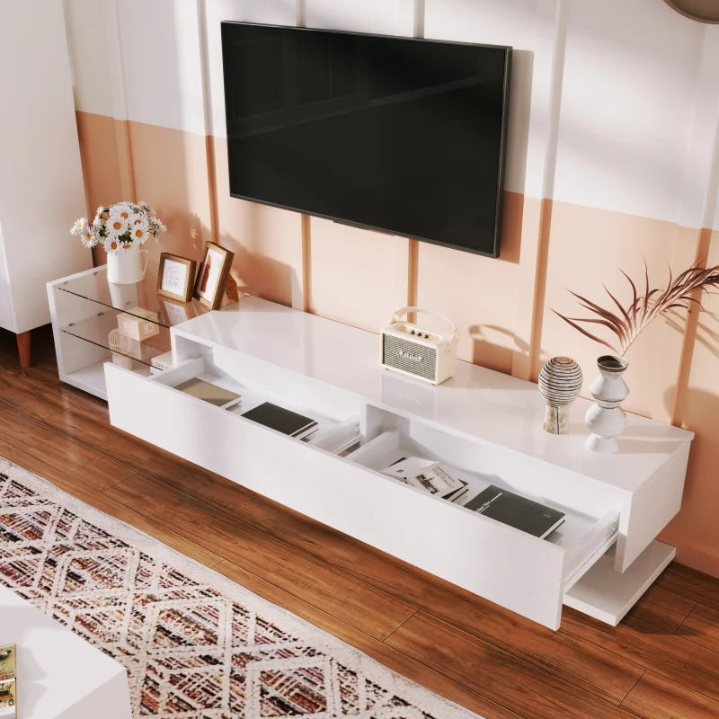 Meuble TV Rbefeuly 170 cm Blanc Haute Brillance – LED | 2 Tiroirs | 2 Étagères Verre | Mural ou Sol | TV 59"