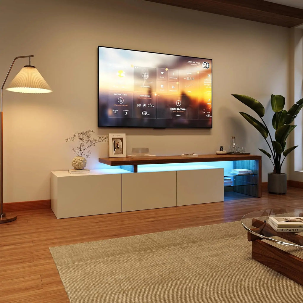 Meuble TV Simurq 240x38x44 cm – 3 Portes | Étagères Verre | 75 kg | Style Scandinave | Blanc ou Noir