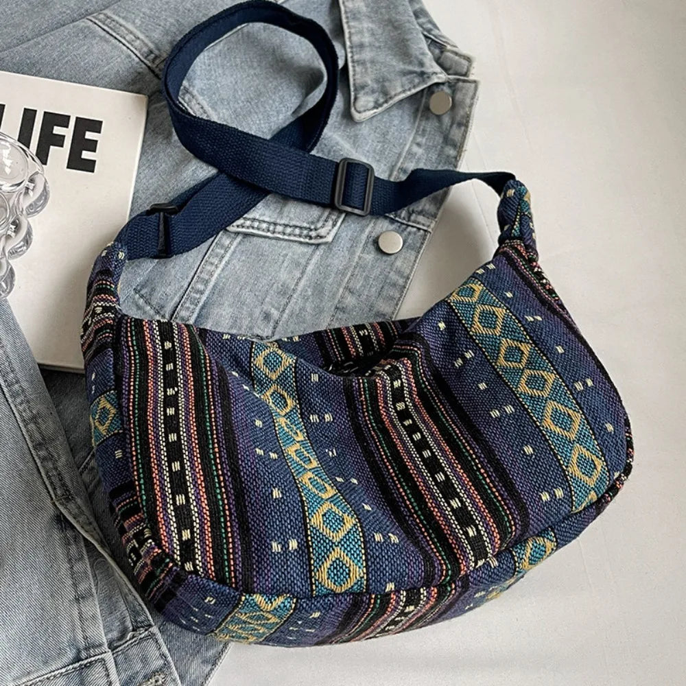 Fashion Tribal Style Shoulder Bag Striped Pattern Large Capacity Crossbody Bag Canvas Zipper Closure Messenger bag Ladies
