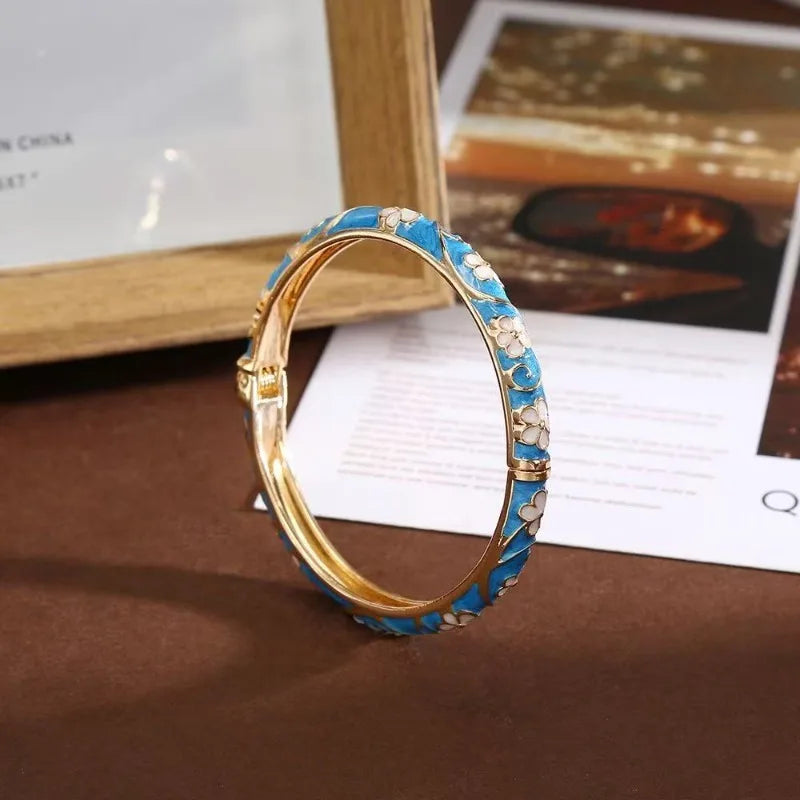 Bracelet Jonc Émail Floral Femme – Ouvert, Style Rétro Doré, Bijou Élégant