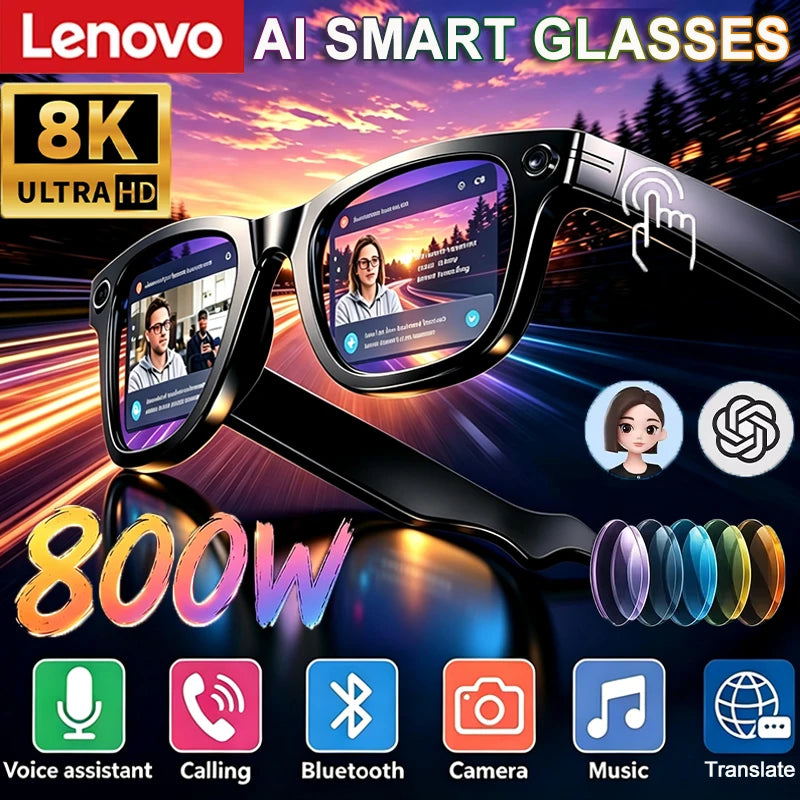 Lenovo Upgrade Smart AI Glasses 800W HD 8K Shooting Camera Photo Video Voice Call Translation Bluetooth AI Smart Glasses