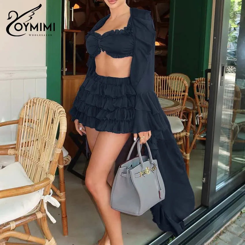 Ensembles Trois Pièces O.Y.MIMI Fashion Femme – Tops Manches Longues, Brassière Dentelle & Mini Jupe Plissée