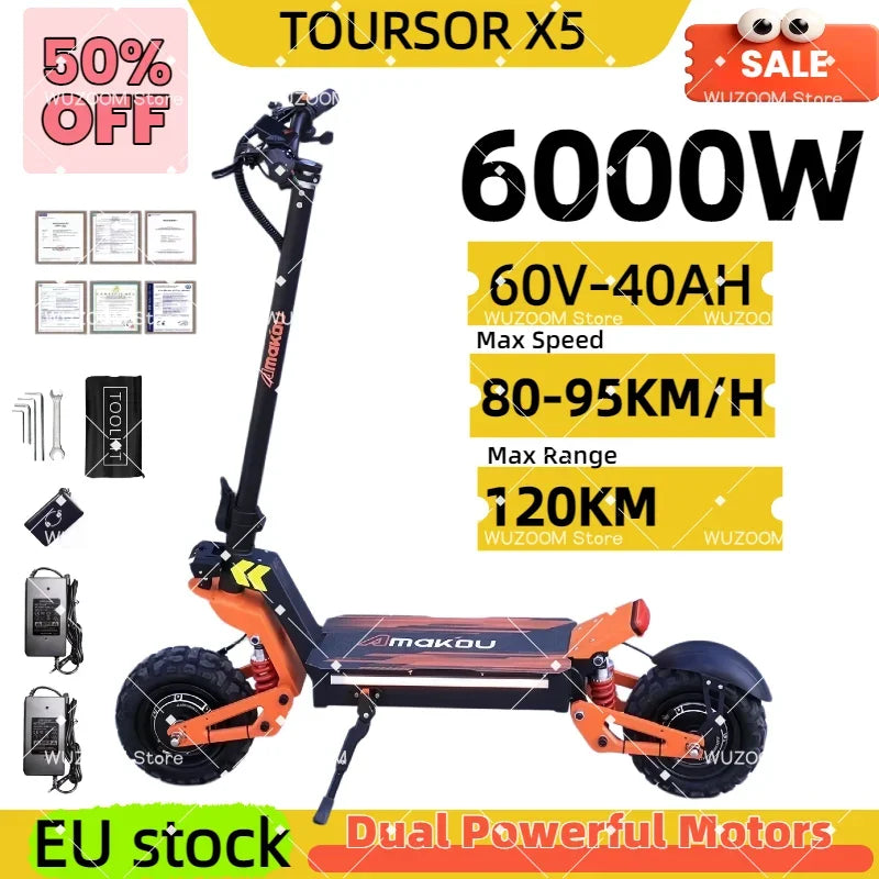 Trottinette Électrique TOURSOR X5 11" – Double Moteur 6000W, 85 km/h, 120 km d'Autonomie, Tout-Terrain Pliable