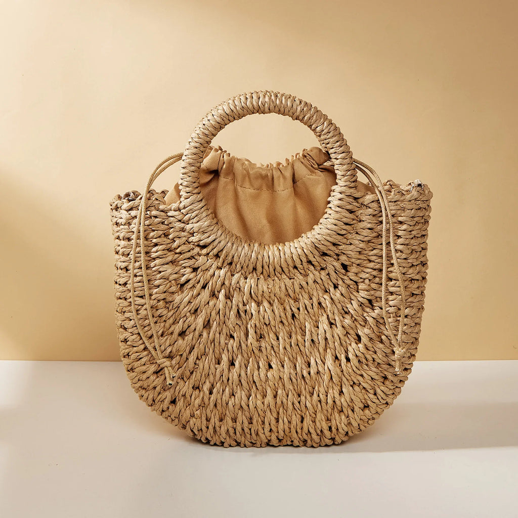 Sac de Plage en Paille Tressée Demi-Lune – Grande Capacité, Bandoulière & Épaule