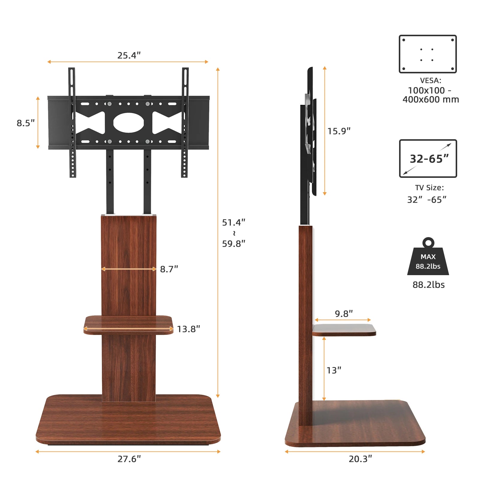 Support TV Sol Universel Unho – Hauteur Réglable | TV 32-65" | VESA 400x600 | Métal + Bois | 40 kg