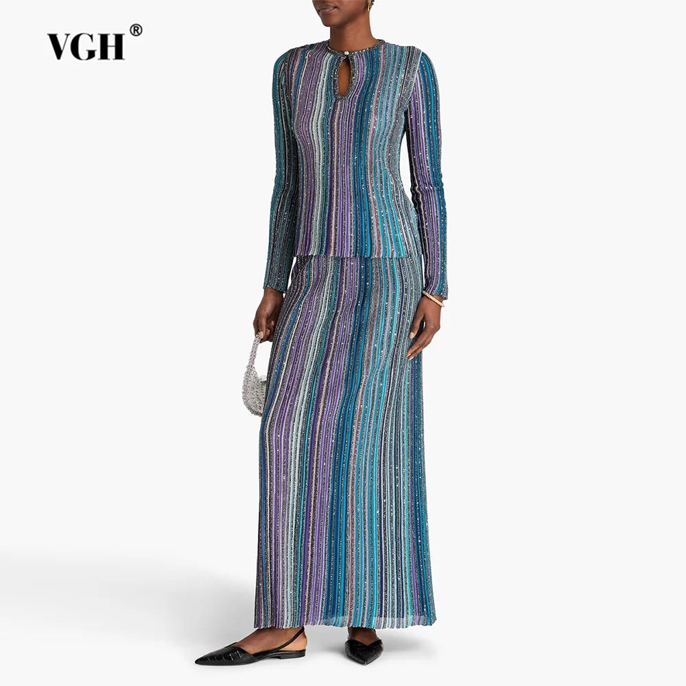 VGH Elegantes, stylisches, gestreiftes Strick-Zweiteiler-Set für Damen, schlankmachende Langarmpullover, plissierter Rock für Cocktailpartys