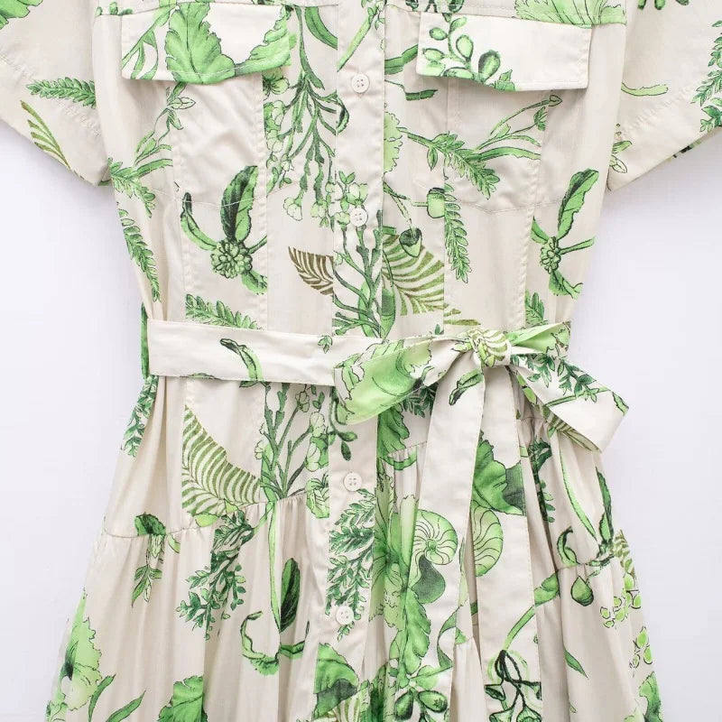 Robe Florale Verte Femme – Manches Courtes & Ceinture Nouée | Style Casual Été 2026