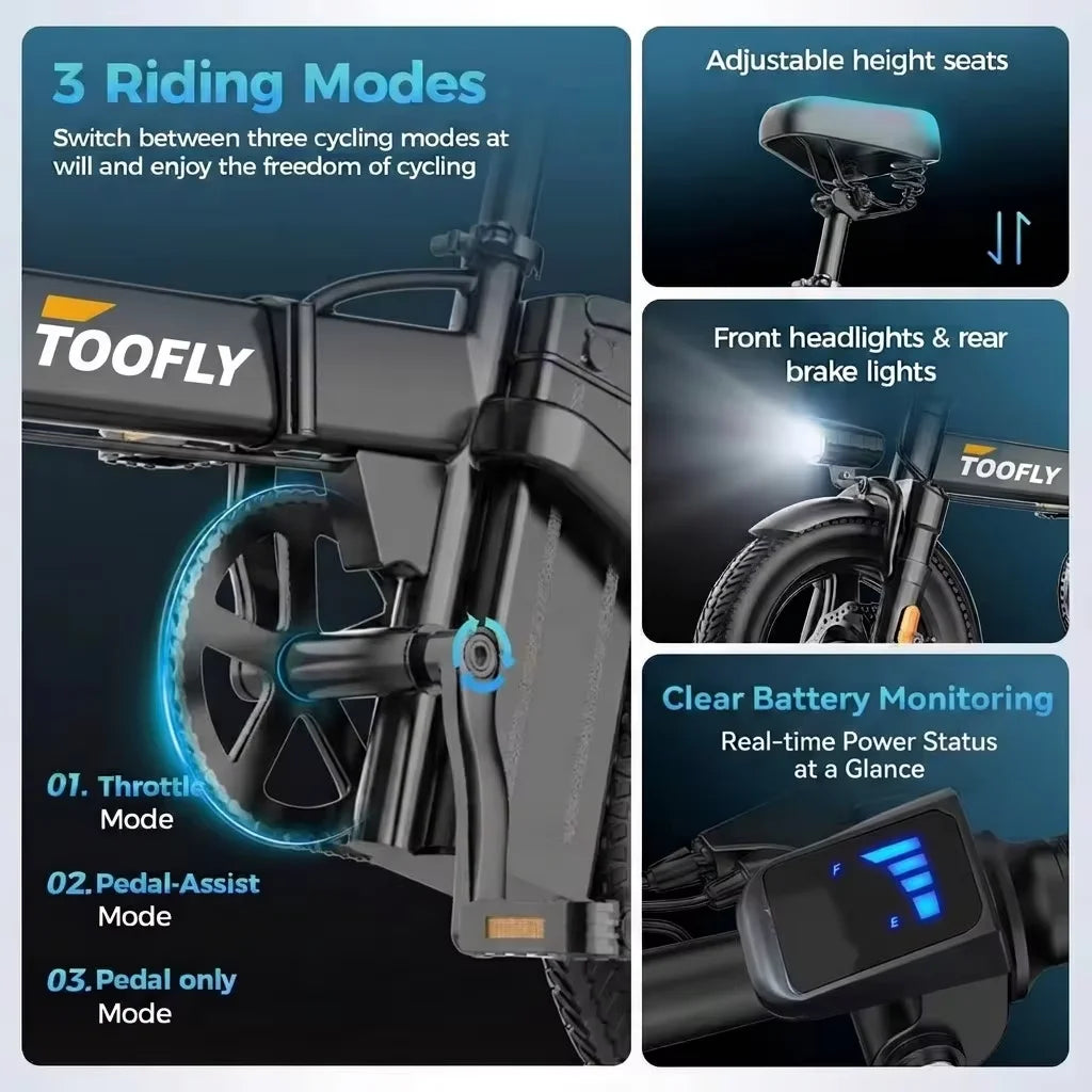 TOOFLY GS3 Folding Electric Bicycle 250W 48V15AH Adult Travel City Commuter Electric Bike 14*2.125 Inch Tire Mini E-bike