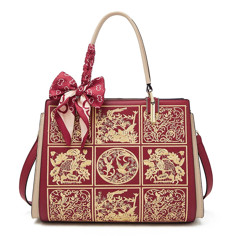 FOXER Split Leather 2026 New Large Tote Handbag Women's Shoulder Bag Chinese Classic Embroidery Best Gift for Mom