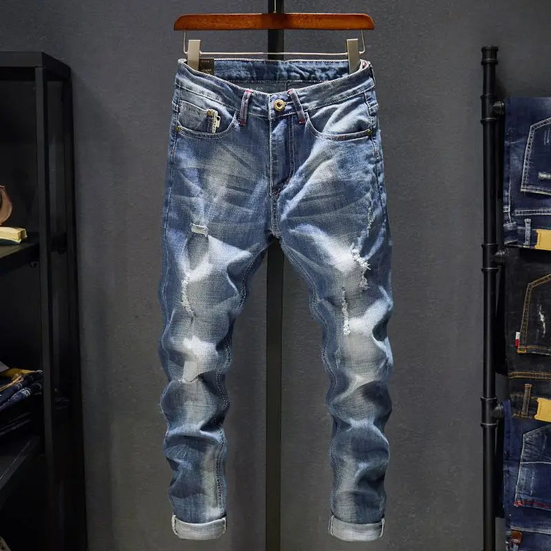 Jean Slim Straight Élastique Homme Ripped Délavé American Korean Style 9 Coloris Tailles 28-38