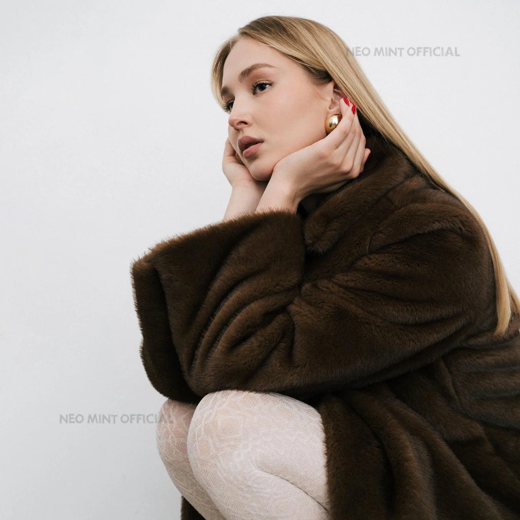 Neo Mint - Manteau Long en Fausse Fourrure de Vison pour Femme, Veste d'Hiver de Luxe avec Fermetures Cristal