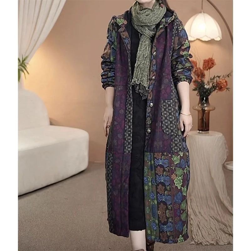 Women's Trench Coat Cotton Linen Hooded Loose Long Thick Autumn Winter Plus Velvet Windbreaker 2026 New Warm Printed Outerwear