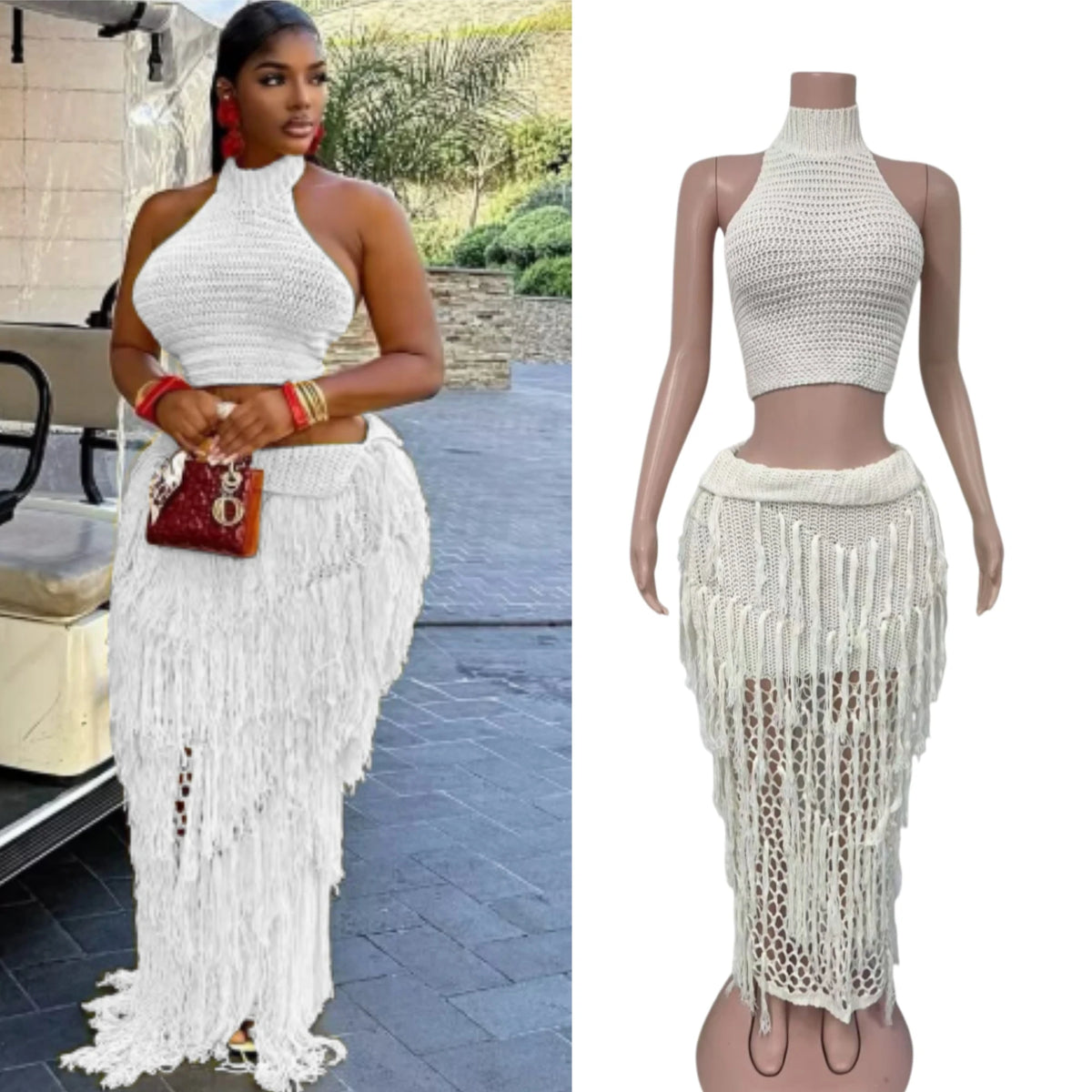 Ensemble 2 Pièces Femme – Top Crop Halter & Jupe Longue à Franges | Plage Été 2026