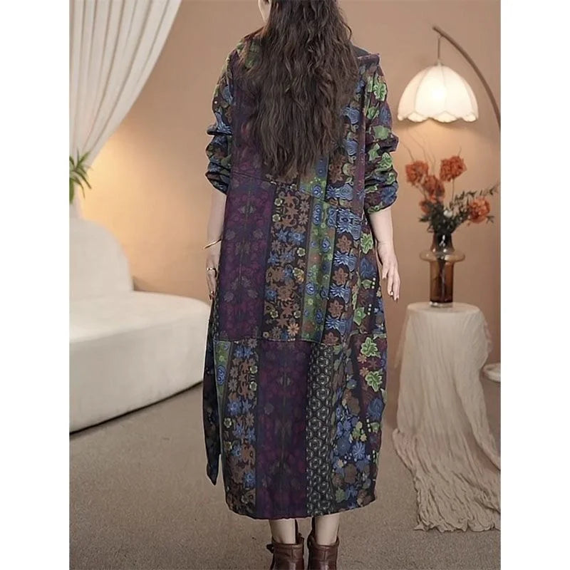 Women's Trench Coat Cotton Linen Hooded Loose Long Thick Autumn Winter Plus Velvet Windbreaker 2026 New Warm Printed Outerwear