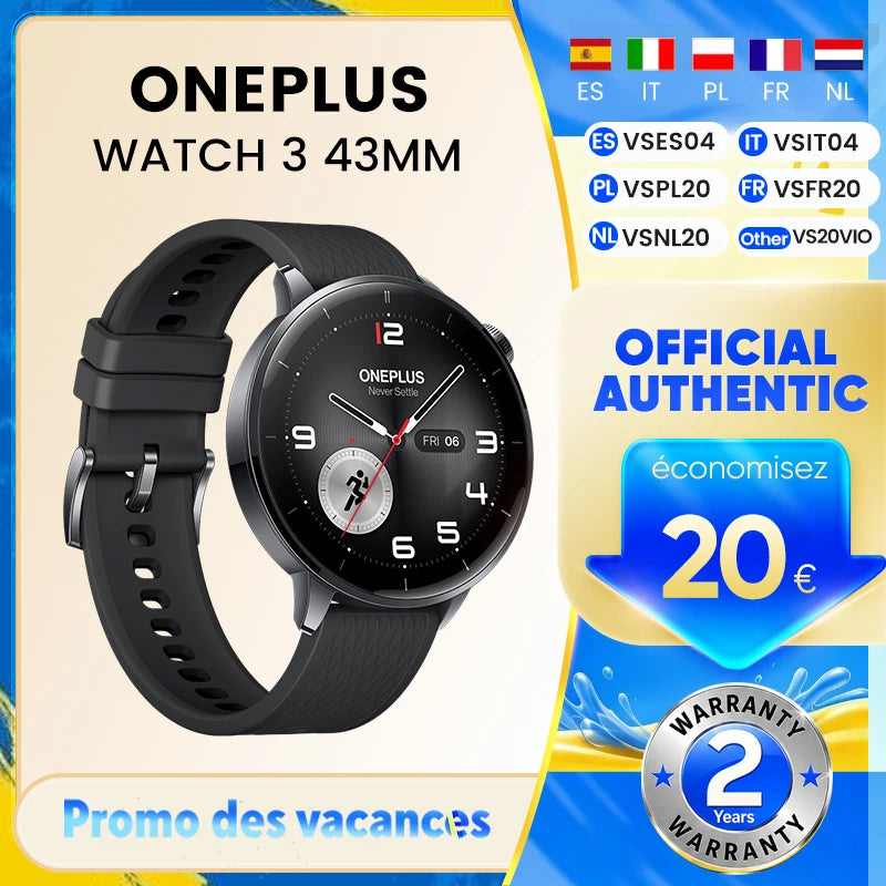 OnePlus Watch 3 43mm – Montre Connectée AMOLED, Wear OS, GPS, ECG | Version Mondiale