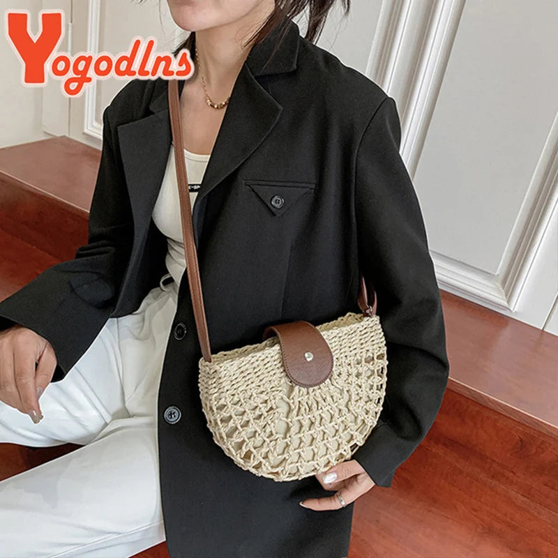 Sac de Plage Femme Yogodlns – Paille Rotin Tressé Fait Main, Forme Demi-Lune, Style Bohème