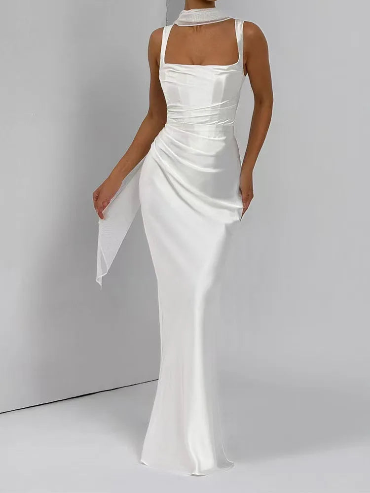 Robe Longue Dos Nu en Satin – Coupe Slim Sirène, Sans Manches, Soirée & Mariage