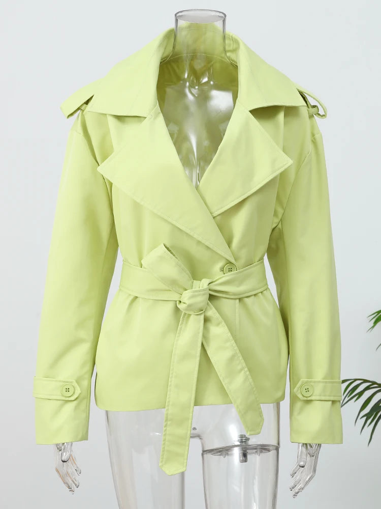 Solid Lace Up Short Windbreaker Women Elegant Full Sleeve Button Loose Chic Trench Coat New Office Lady Daily Commute Outwear