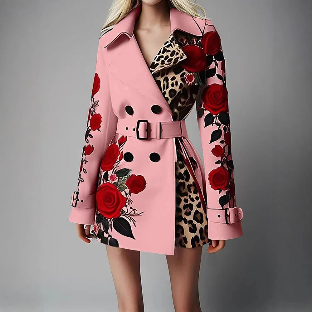 Women's Chic Trench Coat Red Rose Leopard Print Double Breasted Belted Lapel Long Sleeve Casual Outerwear Winter Female Jackets