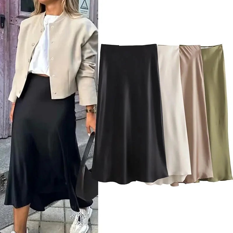 Willshela 2024 Schwarzer Satinrock Damen Hohe Taille Elegante Lange Röcke Für Frauen Mode Sommer Midirock Büro Damenröcke