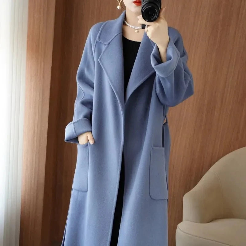 LANMREM Popular 2025 High End Water Ripple Double-sided Wool Coat Women Long Bathrobe Style Autumn Winter Coat For Female 2A462