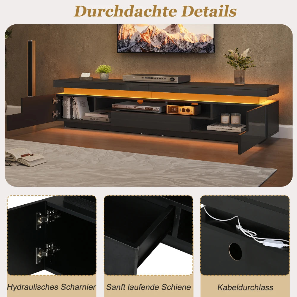 Meuble TV Haute Brillance LED 175x38x45 cm – 2 Armoires + 1 Tiroir | TV 75" | Noir ou Blanc | Salon