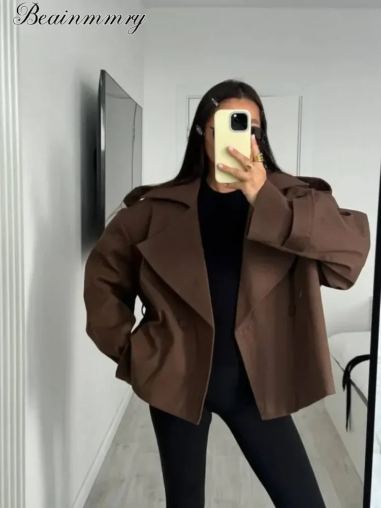 Solid Lace Up Short Windbreaker Women Elegant Full Sleeve Button Loose Chic Trench Coat New Office Lady Daily Commute Outwear