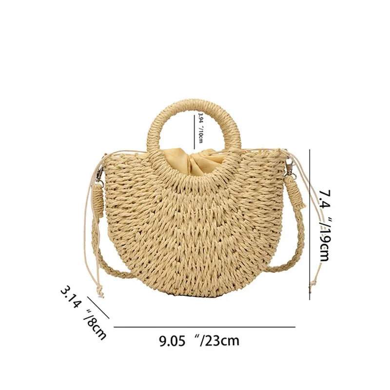 Sac de Plage en Paille Tressée Demi-Lune – Grande Capacité, Bandoulière & Épaule