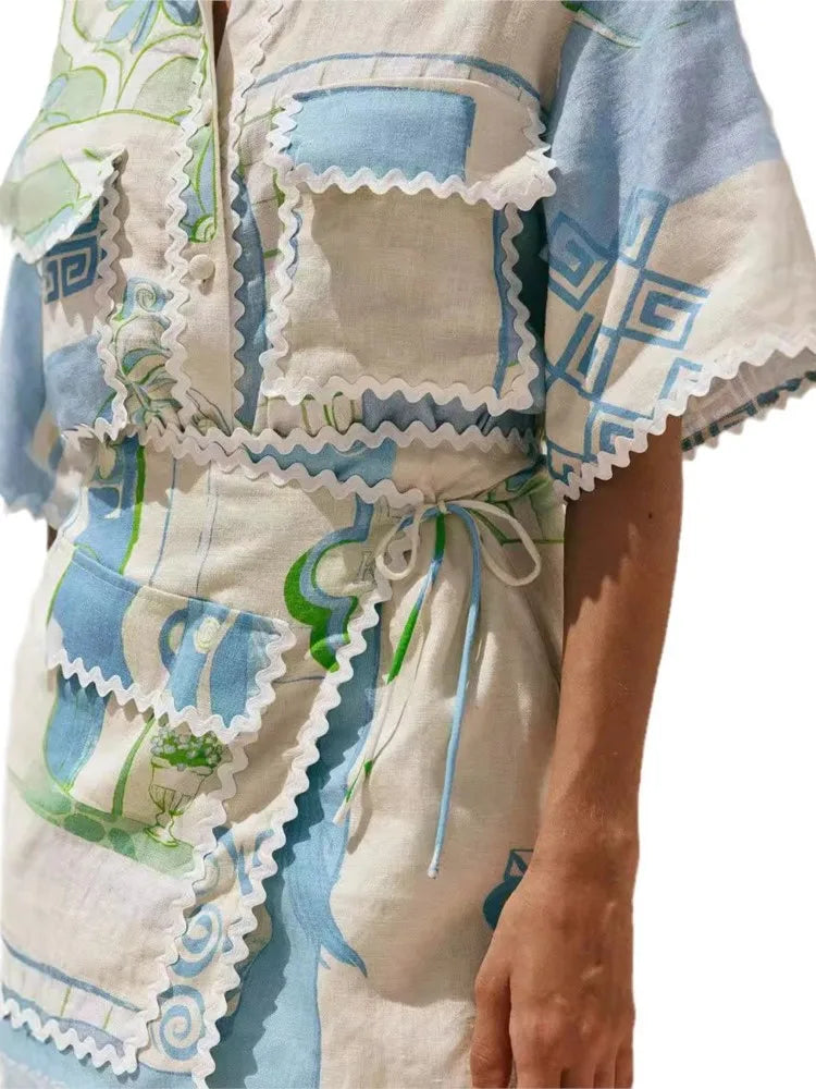 Ensemble 2 Pièces à Volants Imprimés – Tops Boutonné & Mini Jupe Femme | Été Casual