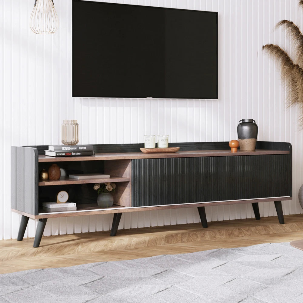 Console TV Bicolore 160x40x58 cm – Noir & Bois | 2 Tiroirs | Portes Coulissantes | Style Scandinave | Salon