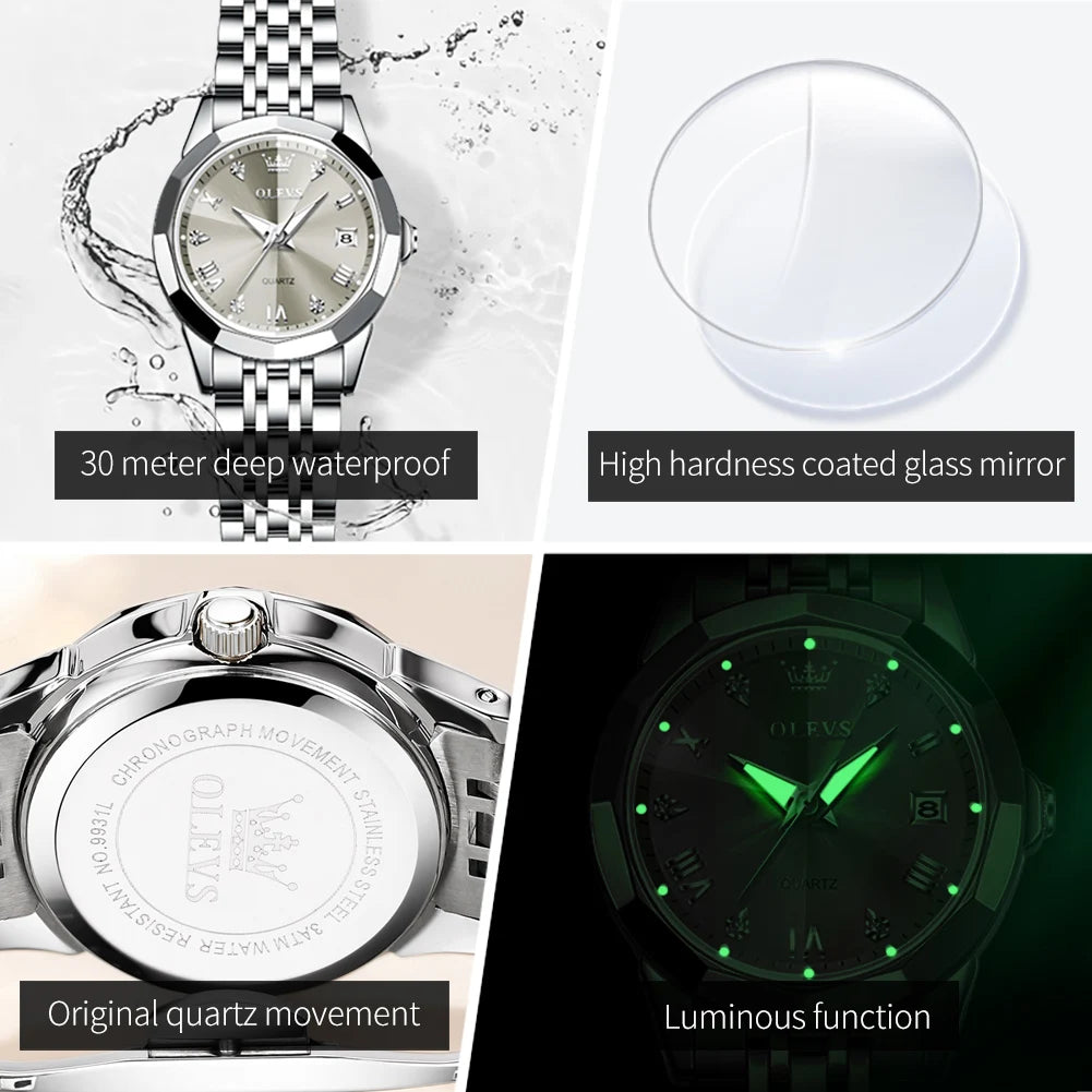 OLEVS 9931 Montre Femme Luxe – Quartz, Miroir Losange, Acier Inoxydable, Diamants, Étanche 3 Bar