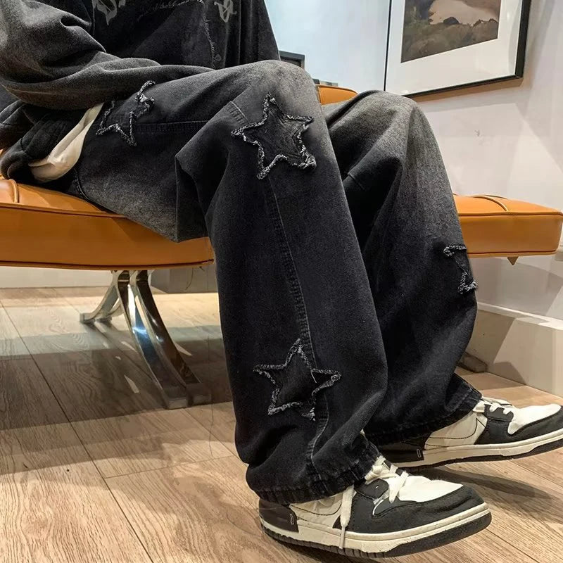 Jean Loose Straight Homme Broderie Étoiles Y2K Gothique Streetwear 2 Coloris | Asia S-3XL