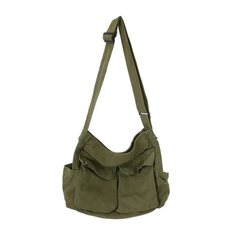 Sac Bandoulière Toile Grande Capacité – Style Rétro Preppy, Mixte, Sac Messenger Étudiant
