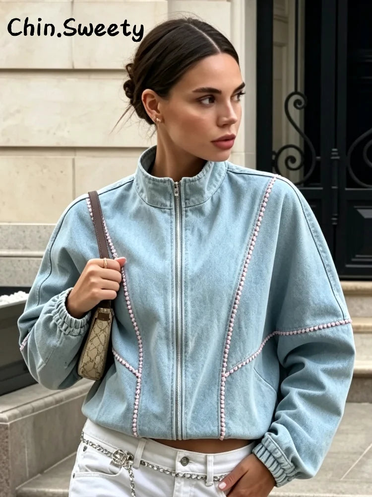 Casual Women's Denim Jacket Loose Stand Collar Long Sleeve Zipper Pocket Elastic Hem Solid Coat 2026 Autumn Lady Fashion Jackets