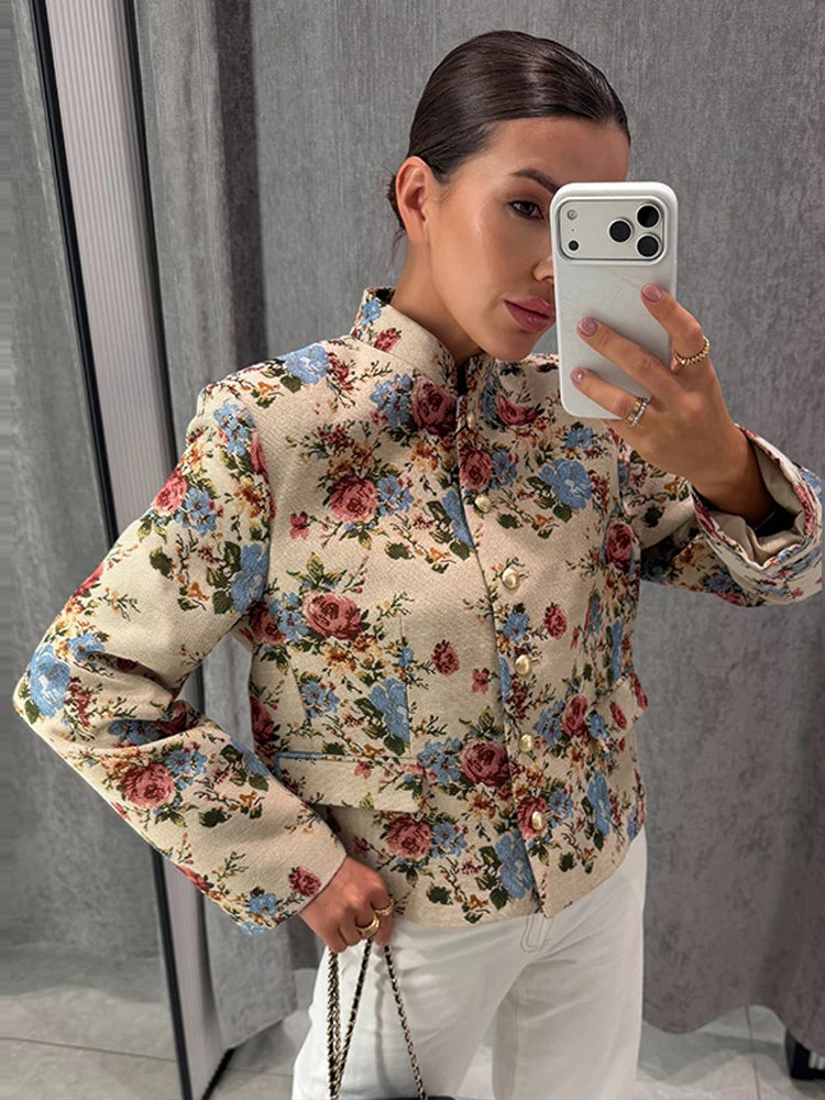 Veste Femme Col Montant à Fleurs – Epaulettes, Boutonnage Simple, Imprimé Vintage, Automne-Hiver 2026