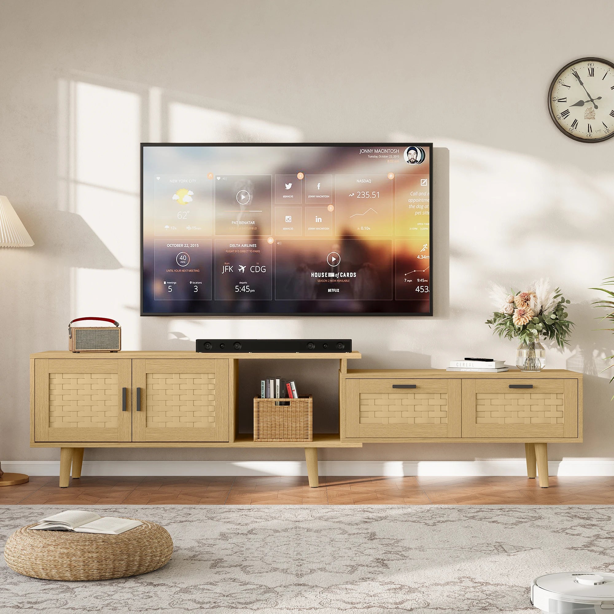 Meuble TV Extensible 146-180 cm – 2 Tiroirs & Portes Rotin | Bois Massif Salon