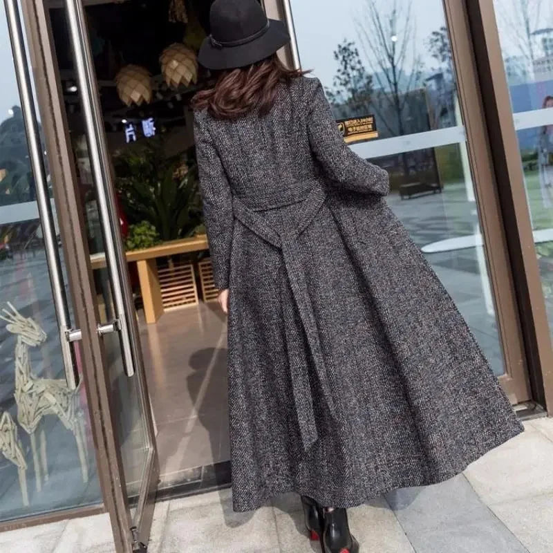 Manteau Long Femme Style Coréen – Laine Épaisse, Coupe Slim, Carreaux, Longueur Genou