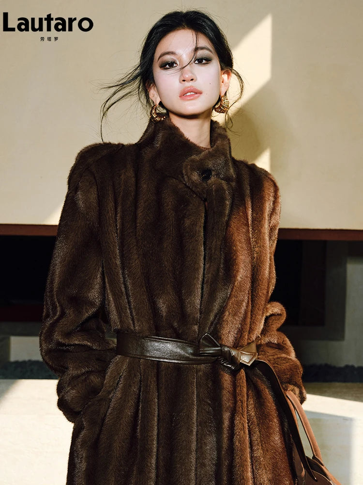 Manteau Long en Fausse Fourrure de Vison Femme – Marron, Chaud et Luxueux Hiver