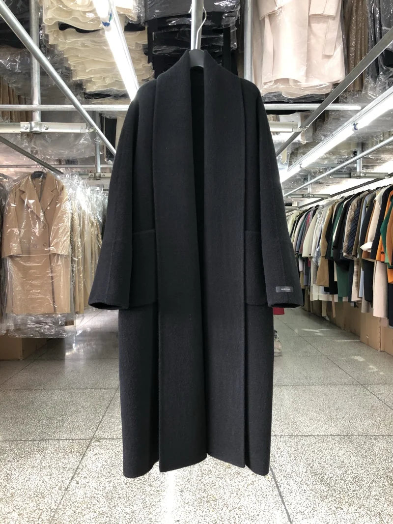 Big Collar Bathrobe Style Double-sided Cashmere Coat for Women Autumn Winter Long Beautiful Wool Coats Loose Simple Woolen Coat