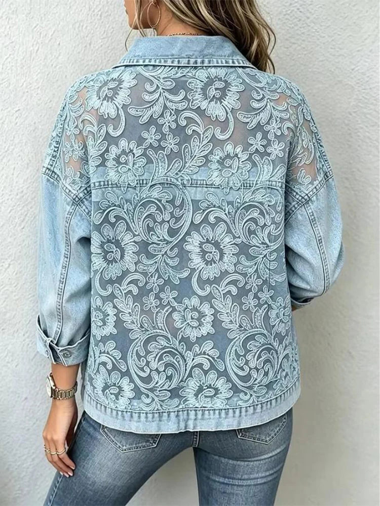 Veste en Jean Dentelle Transparente Femme – Loose | Bouton | Manches Longues | Streetwear | Bleu | S-XXXL