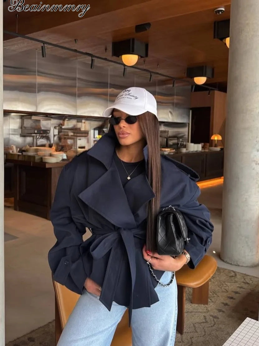 Solid Lace Up Short Windbreaker Women Elegant Full Sleeve Button Loose Chic Trench Coat New Office Lady Daily Commute Outwear
