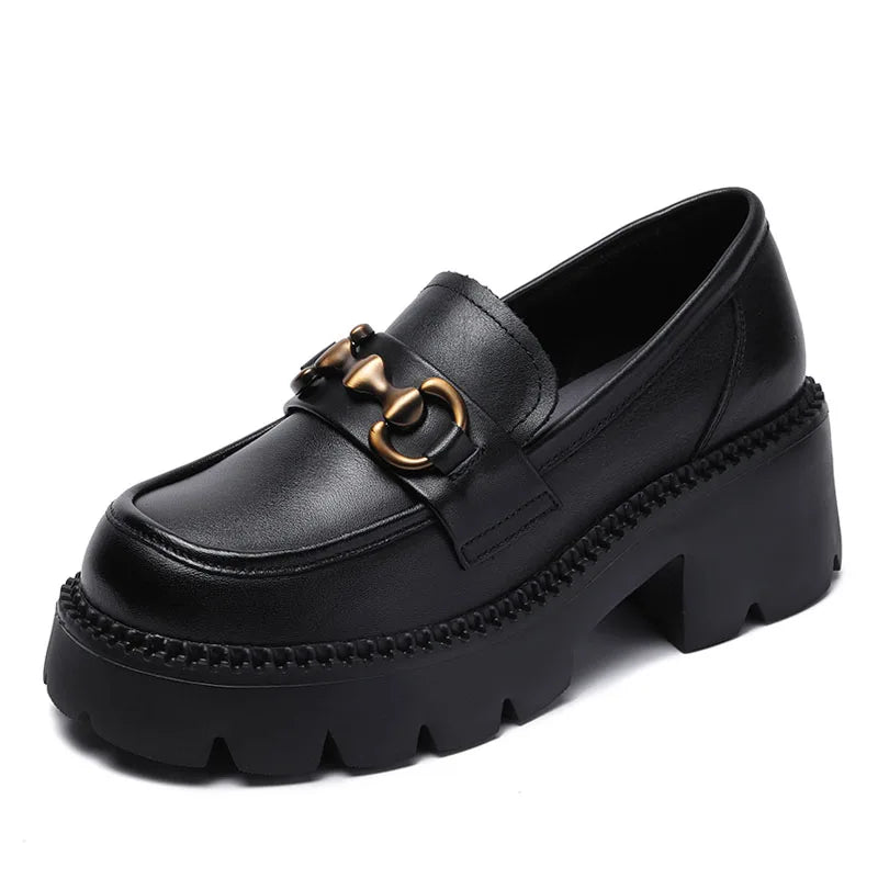 Damenschuhe Pumps Loafers mit klobigem Blockabsatz – Echtes Leder, runde Zehenpartie, Frühling/Herbst