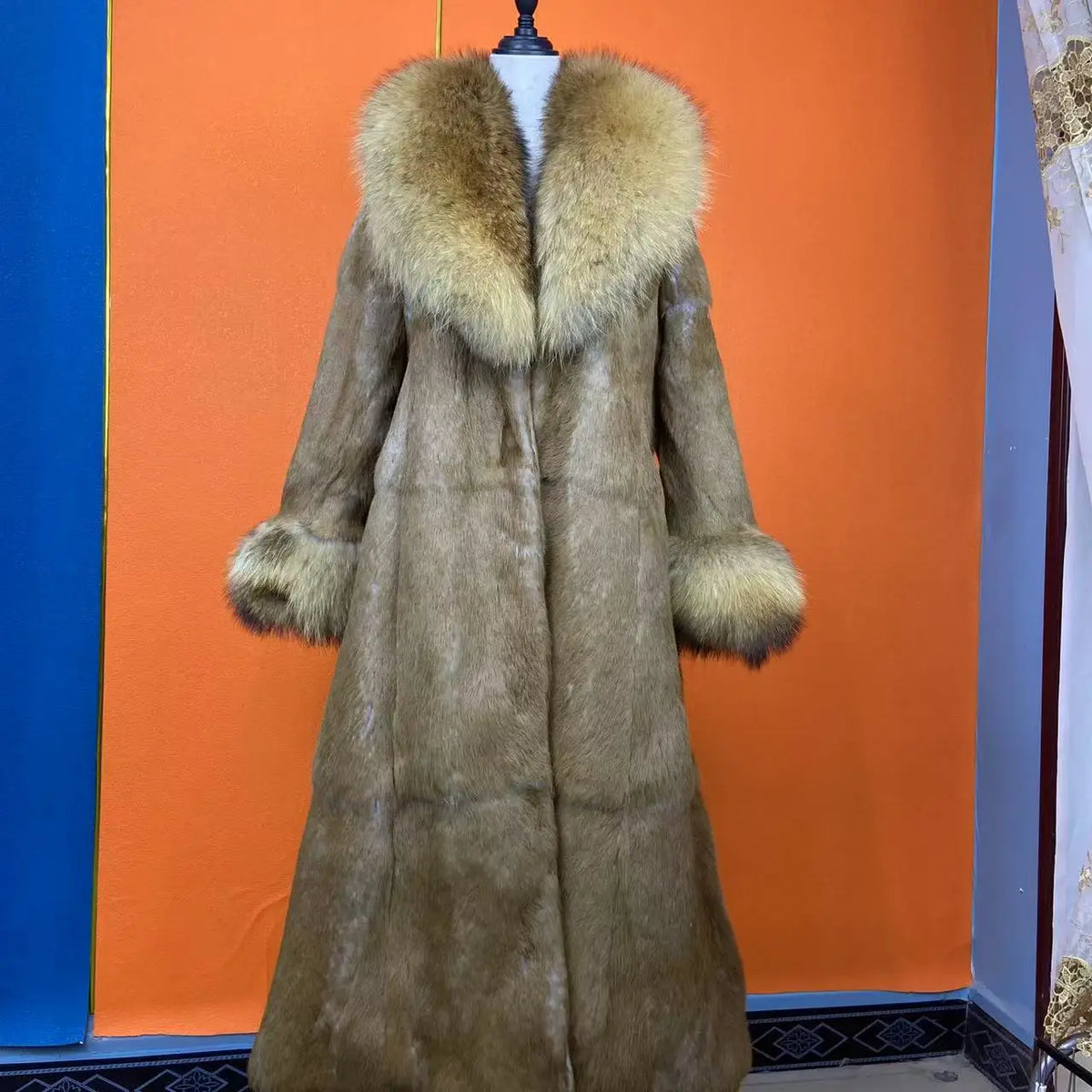 FURTJY – Manteau Femme Fourrure Naturelle de Lapin & Renard, Col Revers, Style Streetwear Chaud Hiver 2025
