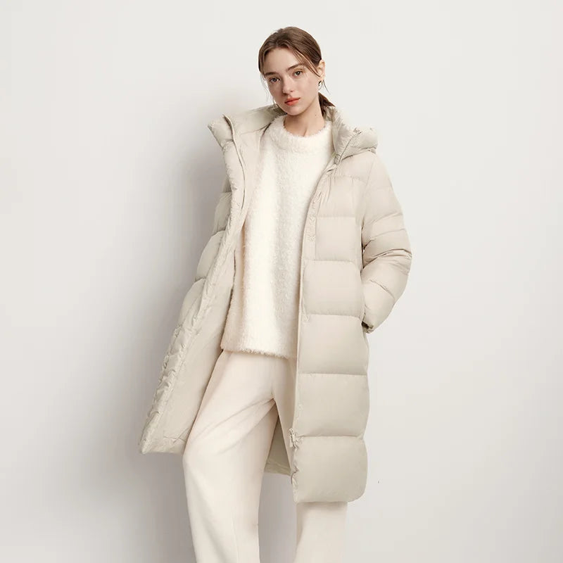Doudoune Longue Femme Imperméable à Capuche – Duvet de Canard 90%, Coupe Ample, Hiver 2025