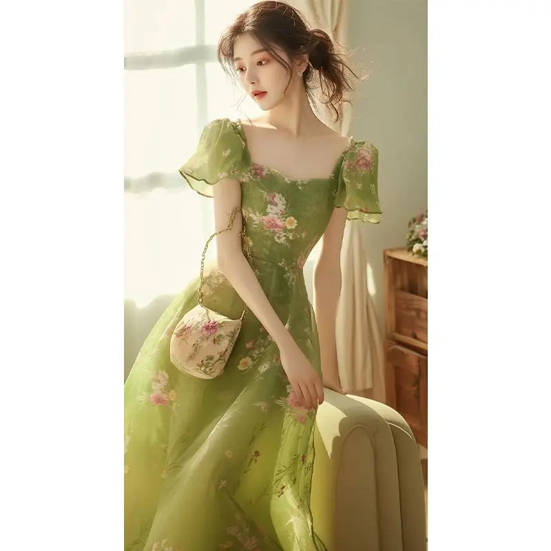 Robe Longue Chiffon Imprimé Floral Femme – Style Français Féerique, Vacances Été