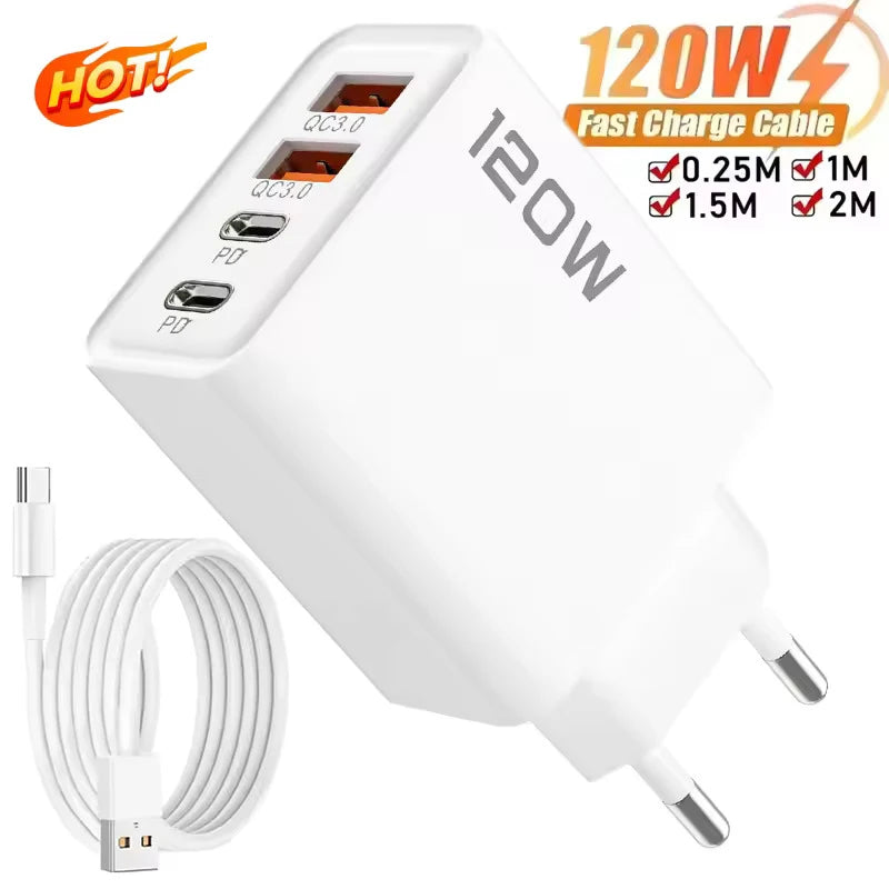 Chargeur USB-C 120W 4 Ports - Charge Rapide PD & QC3.0