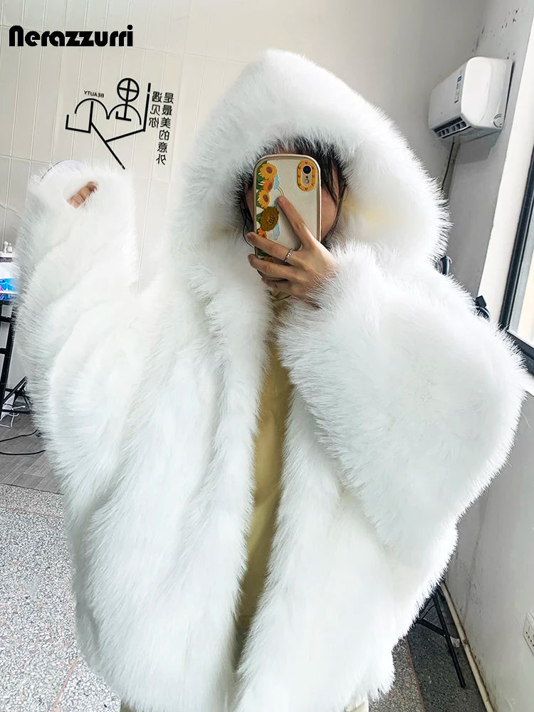 Nerazzurri – Manteau Fausse Fourrure Femme À Capuche, Oversize Chaud & Moelleux, Hiver Casual