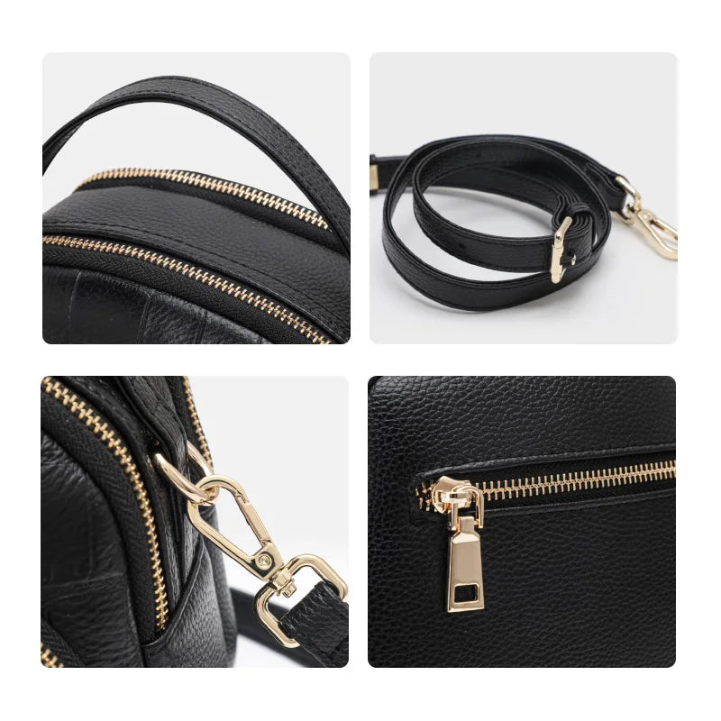 Aidrani New crocodile patterned women's single shoulder crossbody bag, made of cowhide, round black