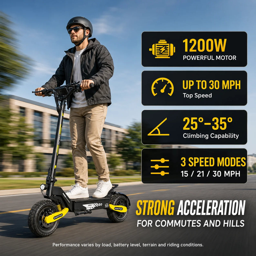EOEOTWO 1200W Off Road Electric Scooter for Adults 48V Long Range E-Scooter 30MPH Fast Speed 11" Tubeless Tire Foldable Kick Scooter